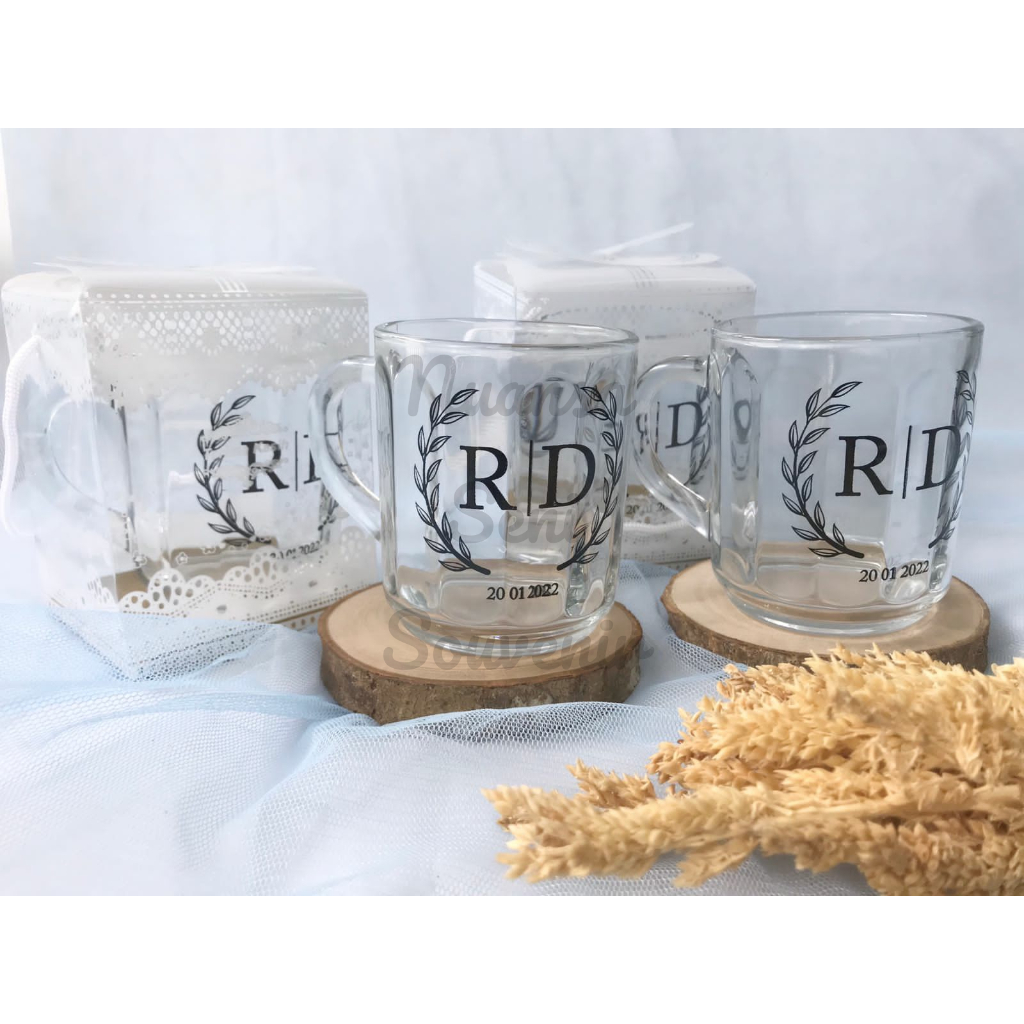 Souvenir Cangkir Garis Gelas CG Gagang Kaca Mug Minum Teh Tumbler Kopi Kaca Sablon Kemas Mika Motif