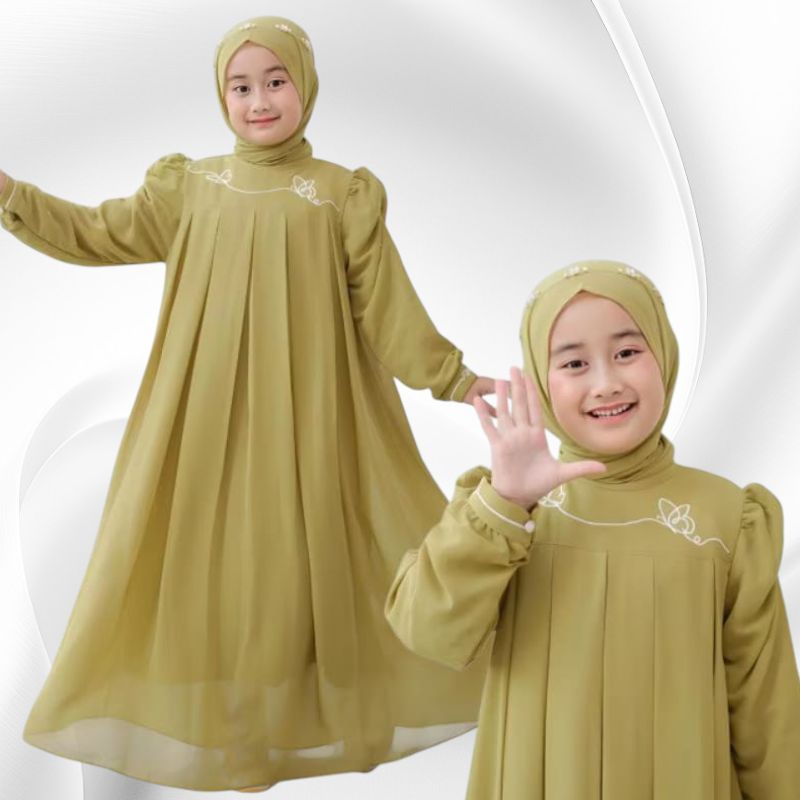 Kupu Set Gamis Muslim Anak Usia 5-15 tahun Bahan Ceruti mewah Baju Dress Kondangan Wanita Remaja Tan