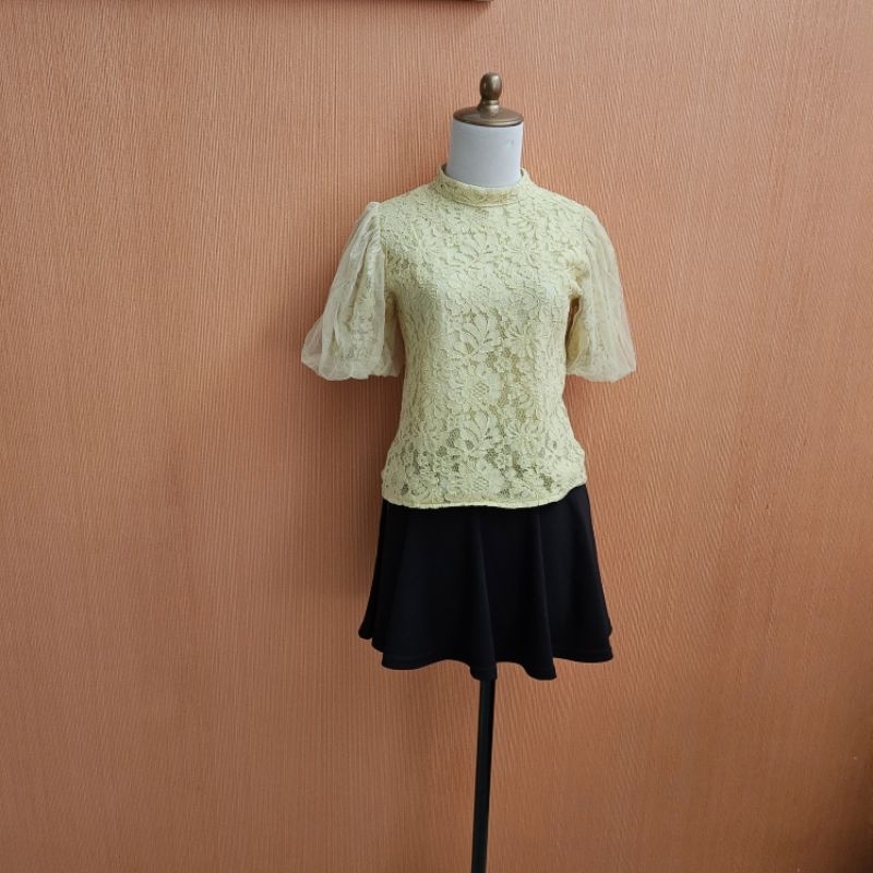 atasan wanita kuning brokat S cewek M lengan balon cute blouse MEWAH