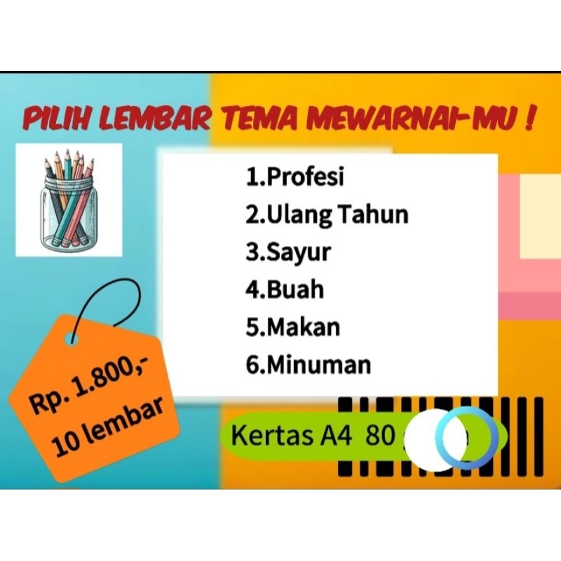 10 Lembar Mewarnai anak TK / PAUD murah