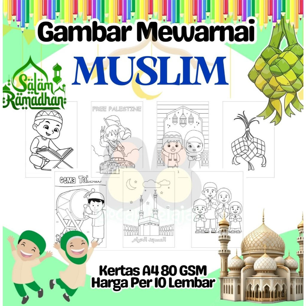 

10 Lembar Kertas A4 Gambar Mewarnai Tema ISLAM MUSLIM RAMADHAN Termurah - Anak Anak TK SD PAUD Remaja