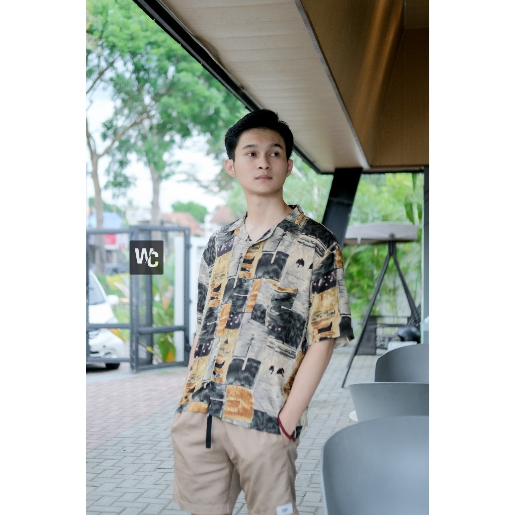 Kemeja Motif Abstrak Hawai Pria Baju Cowok Bahan Rayon Surfing