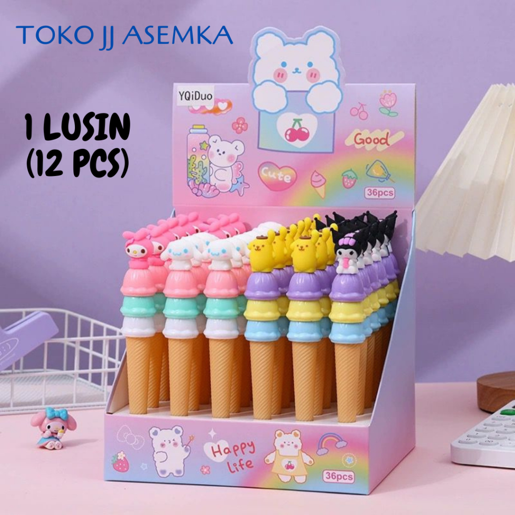 

1 LUSIN (12 PCS) PULPEN ES KRIM CONE SANRIO V1 MURAH KUROMI CINNAMOROLL BOLPEN PEN PENA GROSIR COD