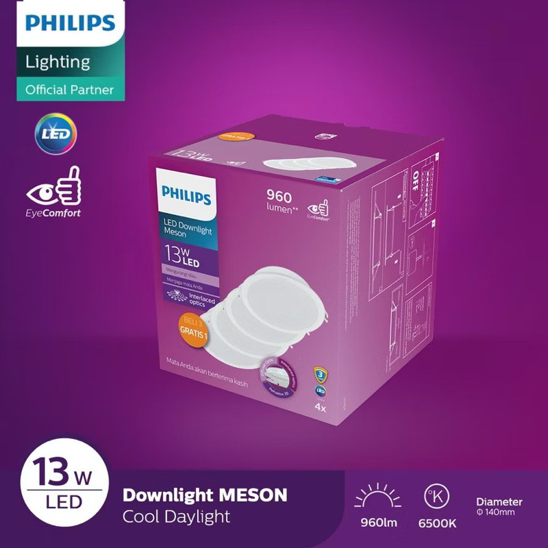 Philips - Downlight LED Meson 59464 125 13W 65K Putih/Kuning Warm White - Paket 3 Gratis 1