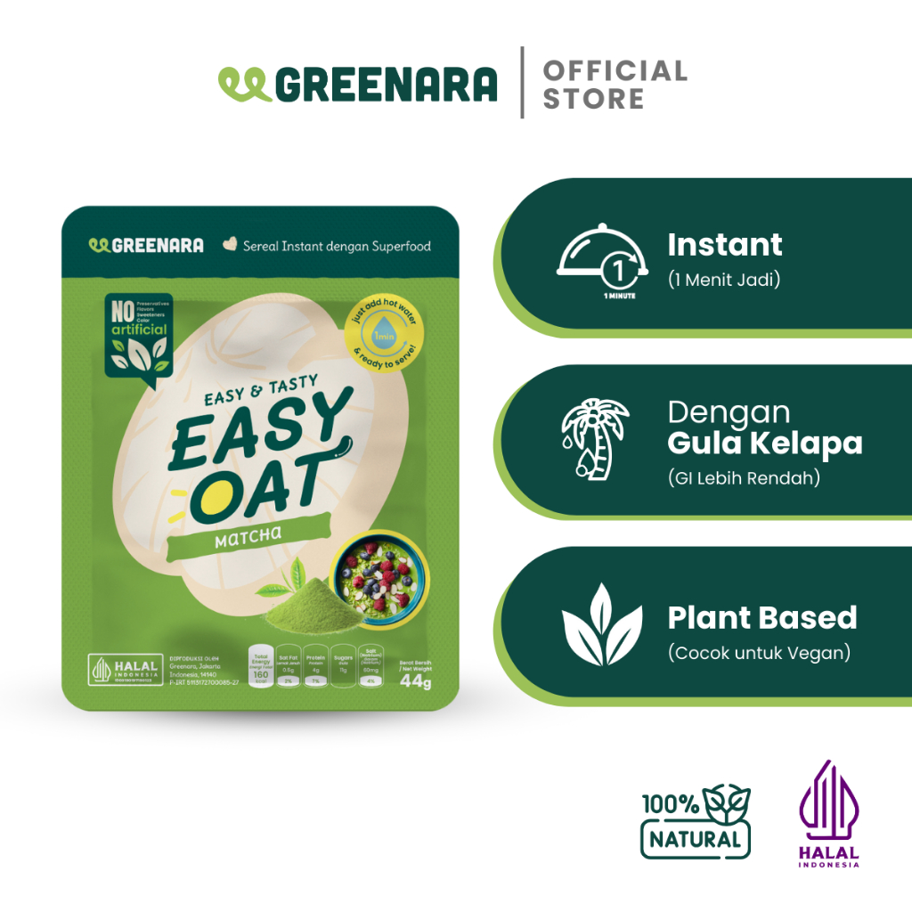 

Greenara Easy Oat Matcha / Oatmeal Instant Low Calorie (160cal/serv) Sarapan Tinggi Protein & Serat