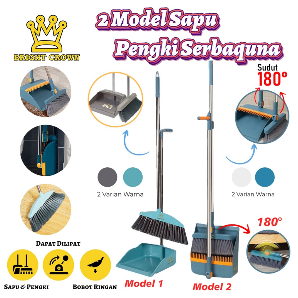 BrightCrown Sapu Set Pengki Lipat Sapu & Sekop Sampah Pembersih Lantai Rumah/Sapu set 2in1 Minimalis