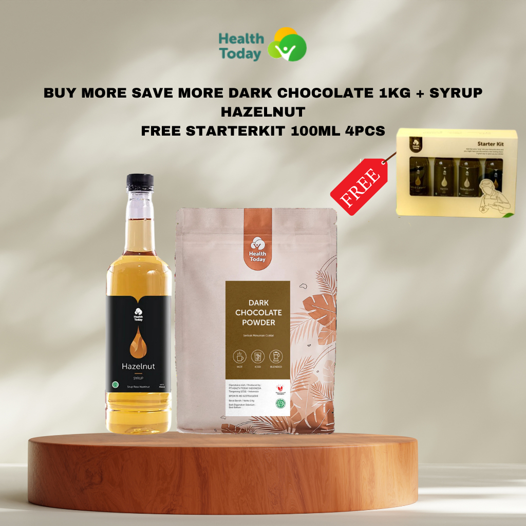 

Health Today Bundling Hemat Dark Chocolate Powder Premium + Syrup Hazelnut [Free Starterkit 4pcs]