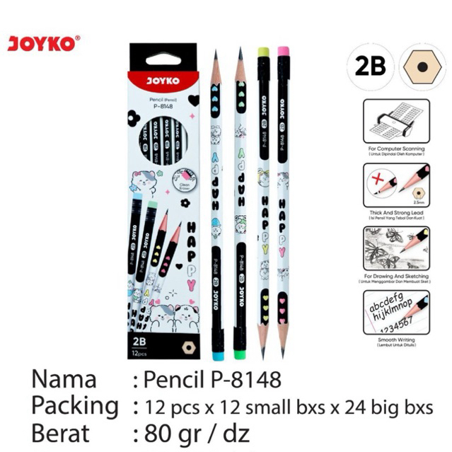 

( 12 batang ) P8148 Joyko Pencil Pinsil Pensil HAPPY 2B / Sketsa motif Warna Warni HAPPY P-8148 dengan Ujung Penghapus