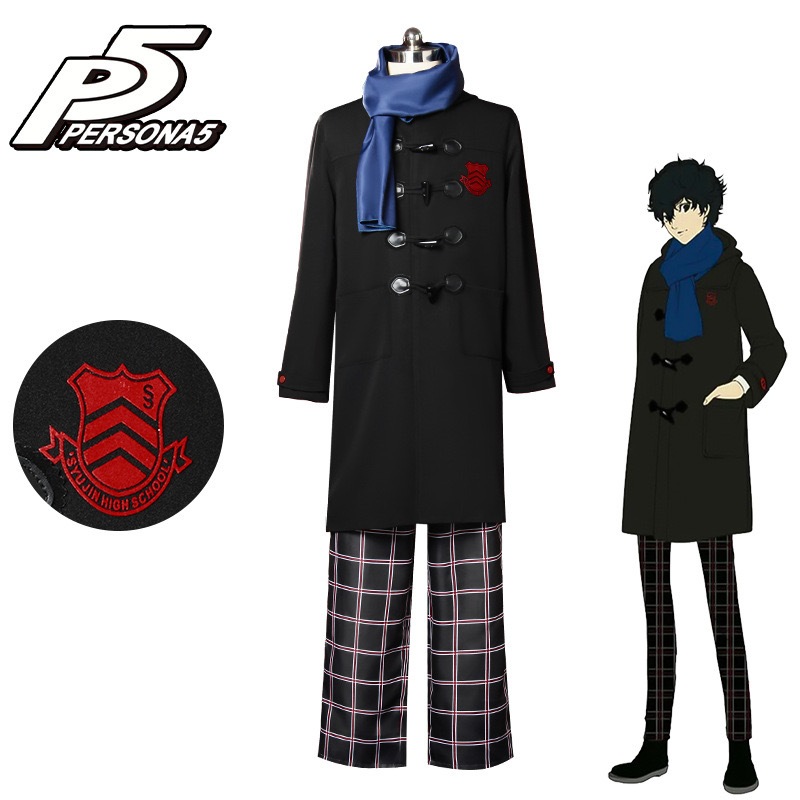 Game Persona 5 Amamiya Ren Cosplay Costume JOKER Black Long Uniform Set Coat Pants Scarf Full Set Sc