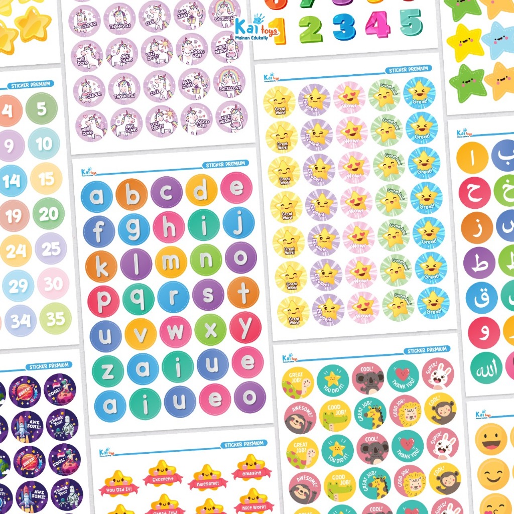 

Stiker Premium kai toys / Sticker Reward Anak TK PAUD Anti Air/ Stiker Huruf Angka Hijaiyah Bintang Transportasi