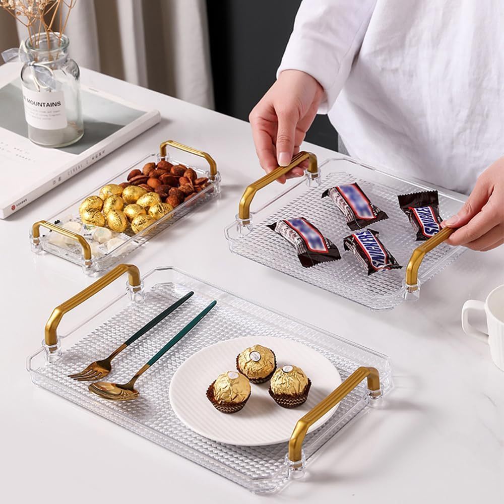 SGM Baki Nampan Akrilik Handle Gold Tray Saji Transparant Mewah Kristal Aestetik Dekorasi Hantaran