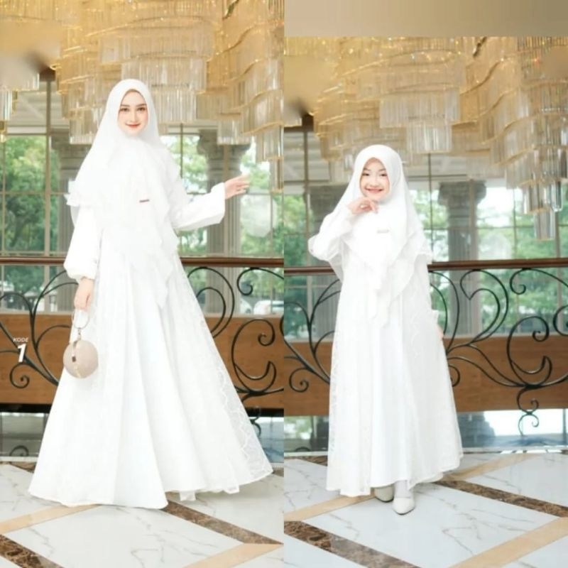 Gamis couple pasangan ibu dan anak perempuan model terbaru warna putih polos murah bagus kekinian