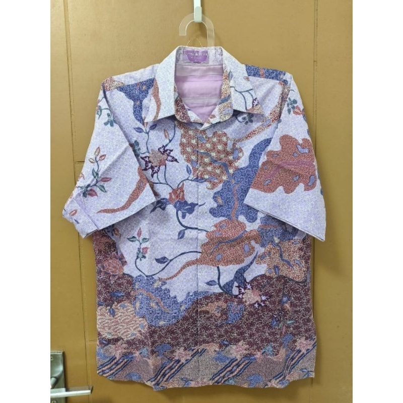 Kemeja Batik Sutra Putih Ungu XL