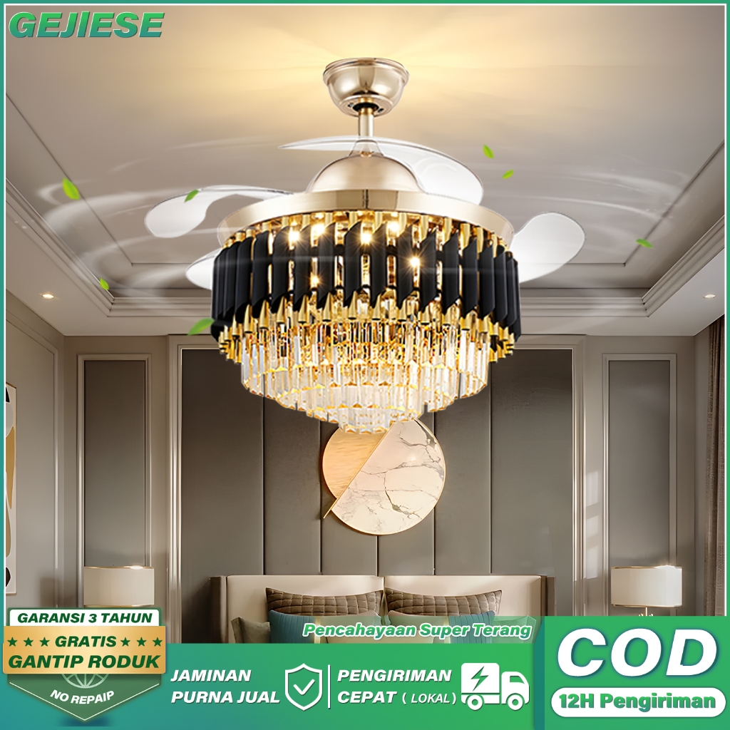 【COD】GEJIESE   Lampu Gantung Kristal Kipas Angin Plafon Kristal Emas Lampu Gantung Ruang Tamu Kamar 