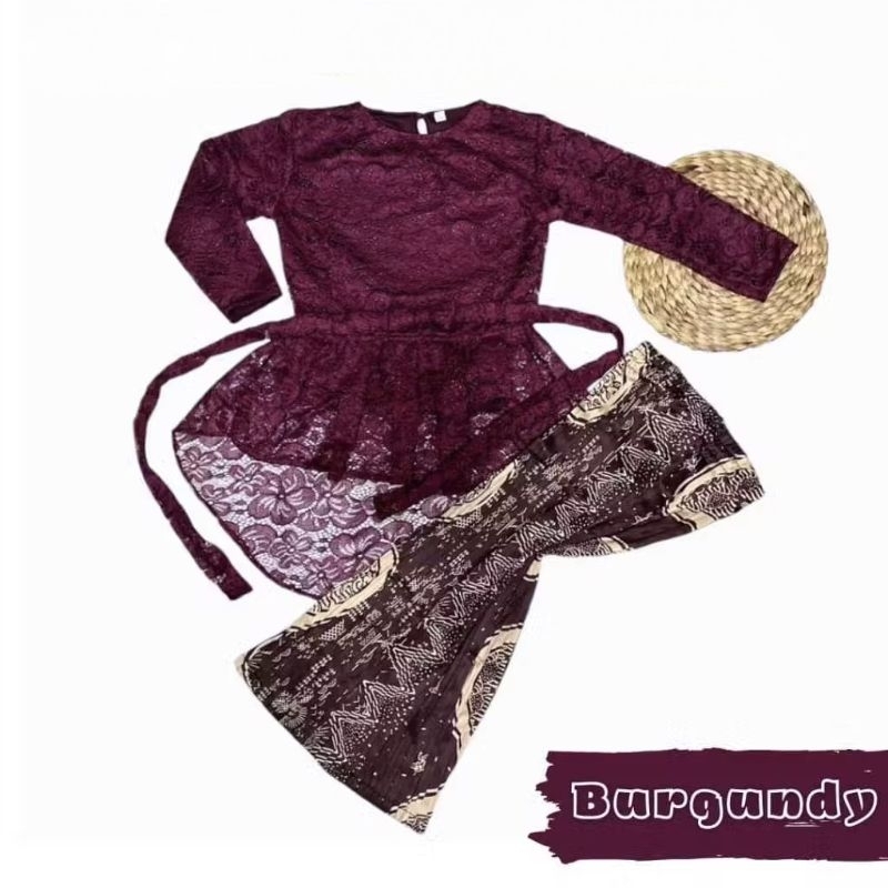 SET BAJU KEBAYA ANAK PEREMPUAN  MODERN BURGUNDY WISUDA TK SD SMP ROK PLISKET USIA 3 SAMPAI 12TAHUN