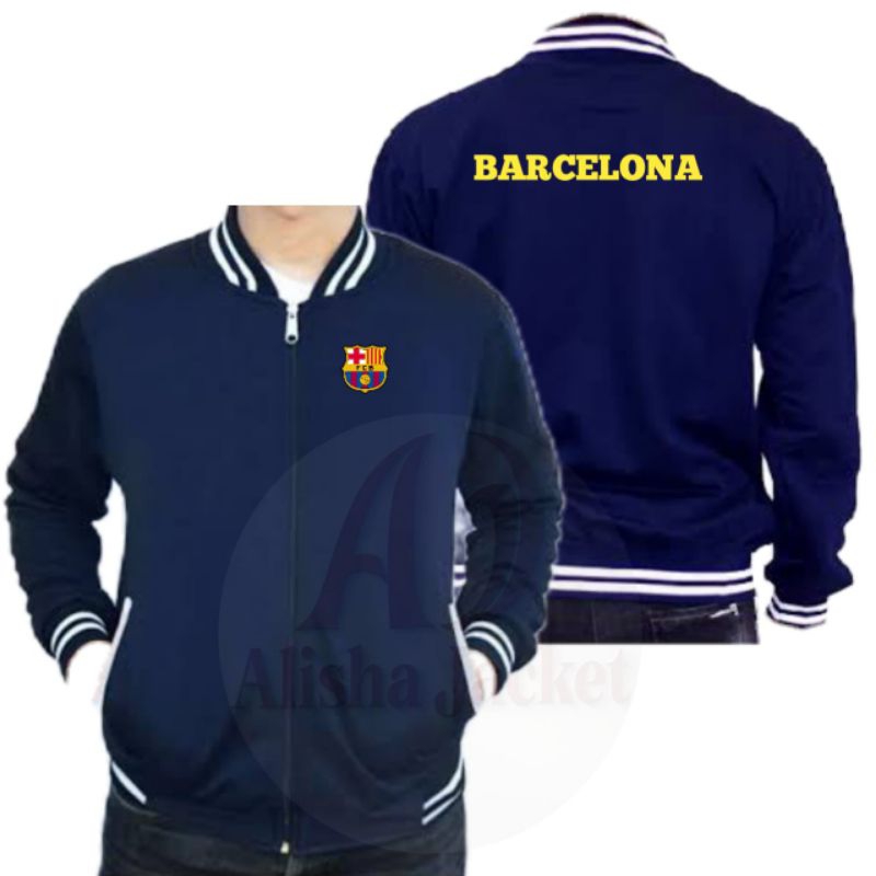 JAKET BASEBALL VARSITY DEWASA LOGO BOLA BARCELONA JACKET VARSITY NAVY LOGO KLUB EROPA FC MANCHRSTER