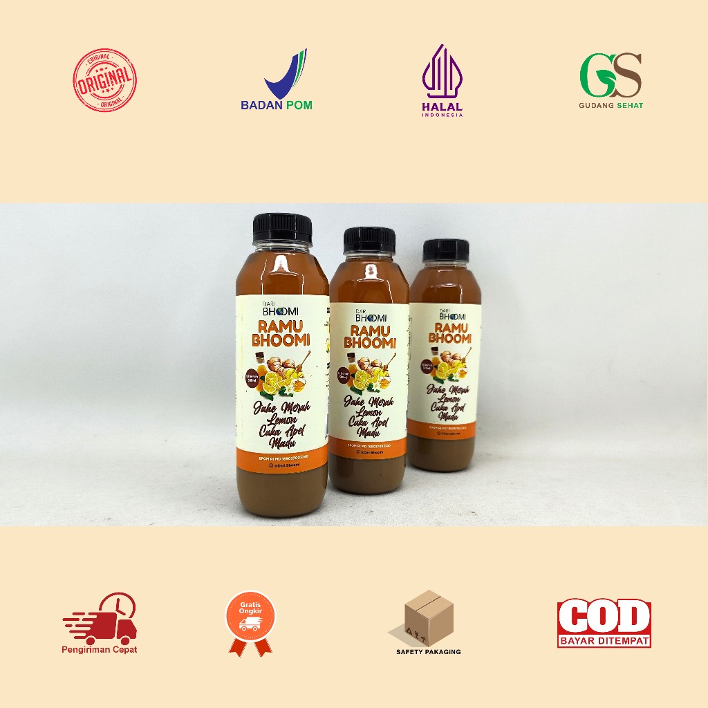 

Manado Dehealth Supplies Ramu Bhoomi 500 ML Botol Plastik / Jahe Merah + Lemon + Cuka Apel + Madu