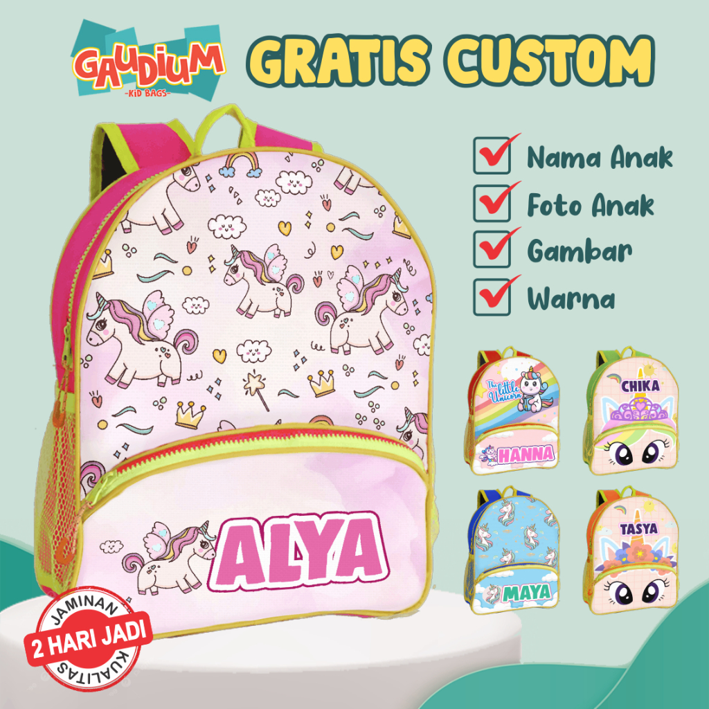 [GAUDIUM ALLY] Tas Anak Custom Nama Tulisan Unicorn Kuda Poni Little Pony | Tas Perempuan Cewek Lucu