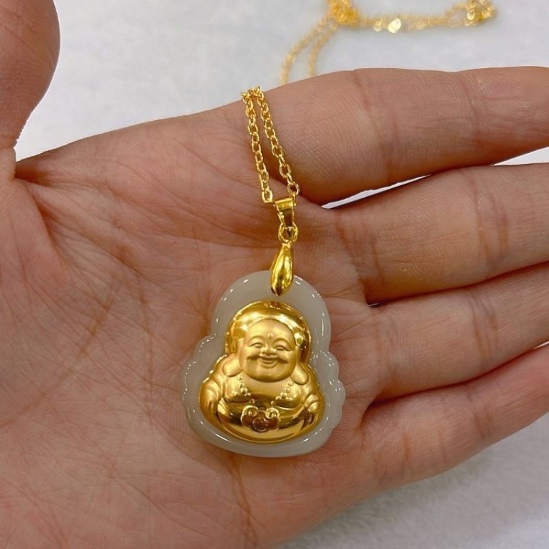 Kalung Liontin Buddha Maitreya Hetian Jade Gold  / Liontin Buddha Maitreya + Tali Rantai Kalung Warn
