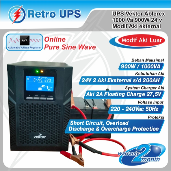 UPS Modif Aki External Vektor Ablerex 1000VA 1KVA 900W 24V Online PSW