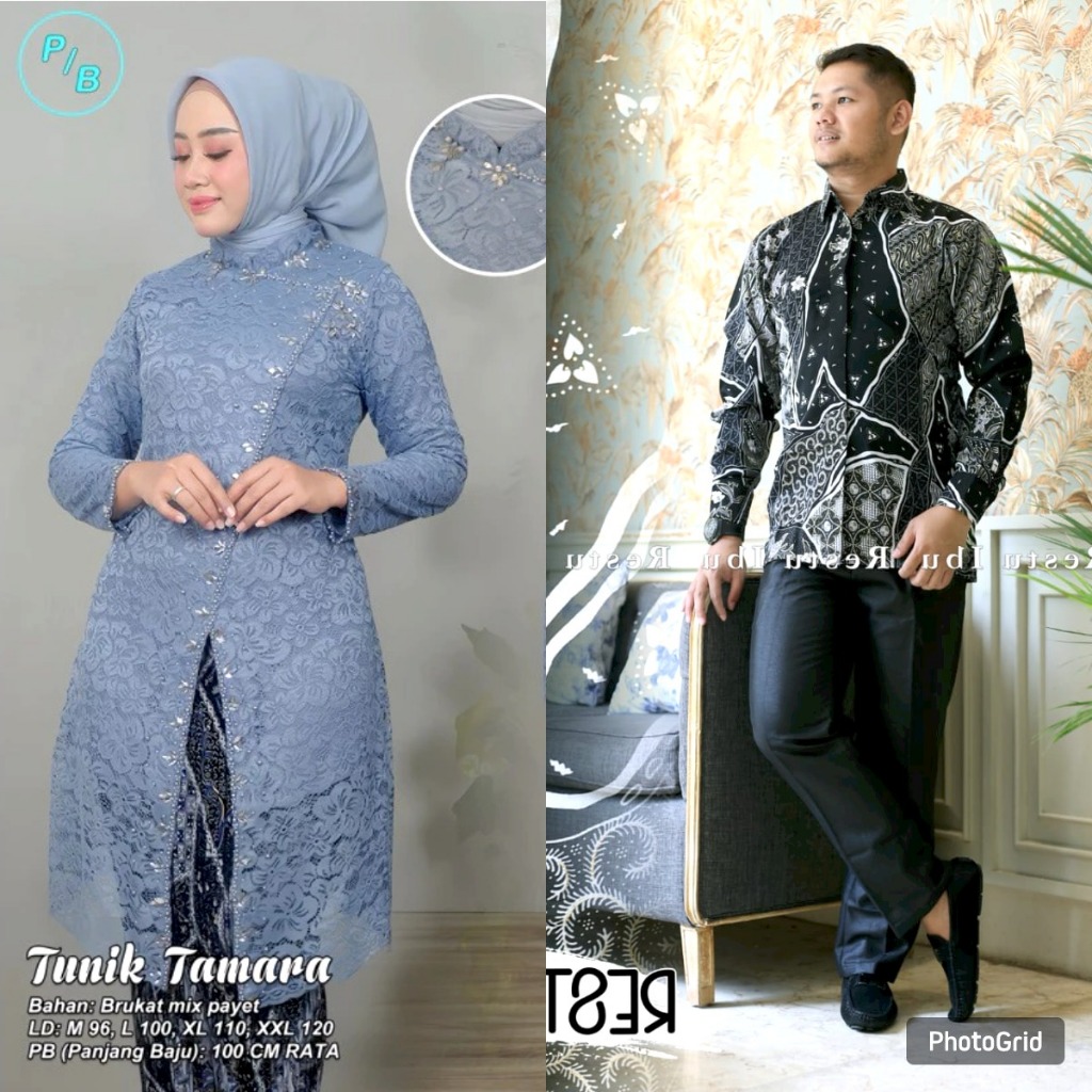 Couple Tunik Brukat Tamara Payet Set Rok Plisket Batik Baju Kondangan Modern