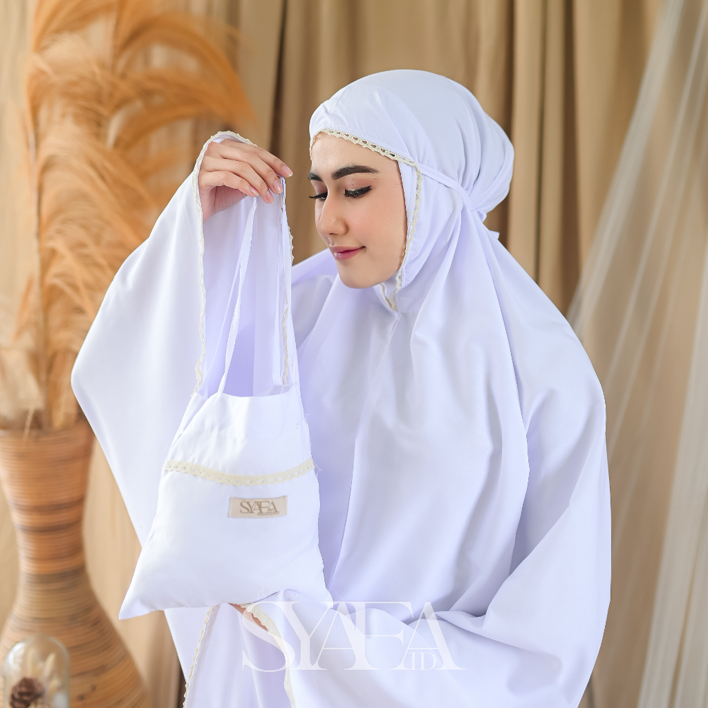 SYAFA ID - Mukena Putih Premium Mewah Elegan Polos Bahan Adem Santri Remaja