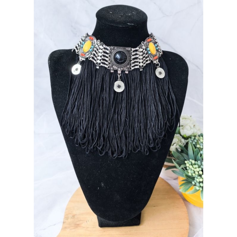 Kalung coker hitam rumbai - npr550142