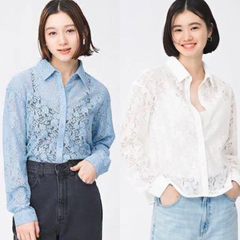 GU UNQL Atasan Blouse Brukat Lengan Panjang Wanita