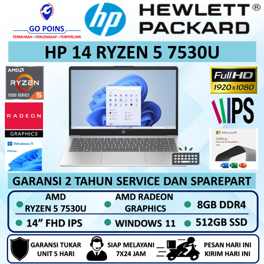 Laptop HP 14 AMD Ryzen 5 7530U RAM 8GB 512GB SSD Backlit Windows 11 Original Terbaru