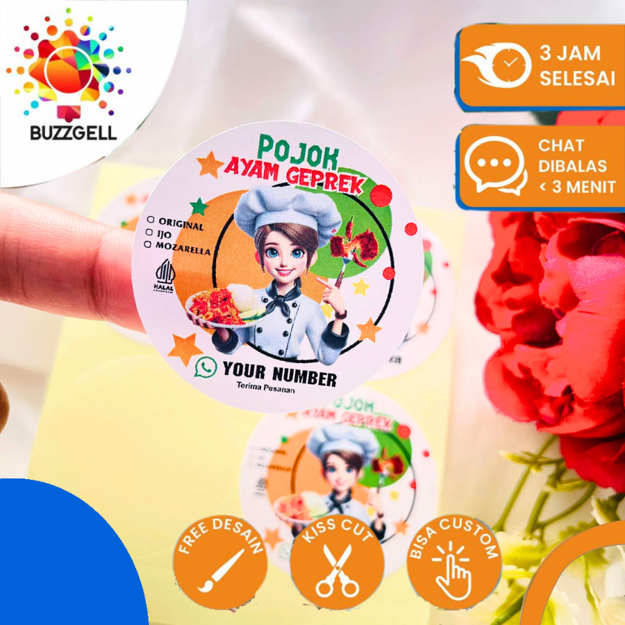 

5-8 Buzzgell Stiker Label Makanan Ayam Geprek Bentuk Bulat Bahan Chromo Free Desain Custom Nama