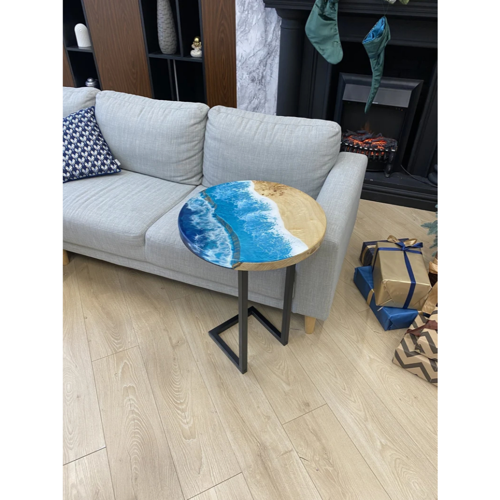 Meja C Epoxy Gelombang Laut, Meja Bundar Sofa C, Meja Samping Sofa, Meja Ujung Resin Modern, Meja Sa