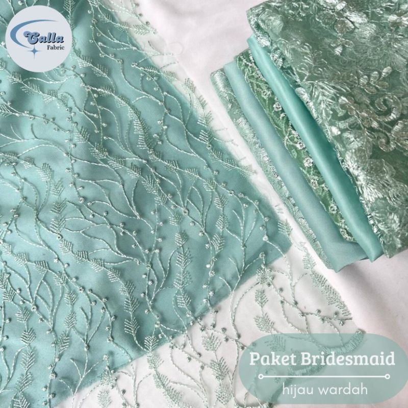 Paket Lengkap Kain Bridesmaid / Kain Satin Velvet + Brukat Tile - Hijau Wardah