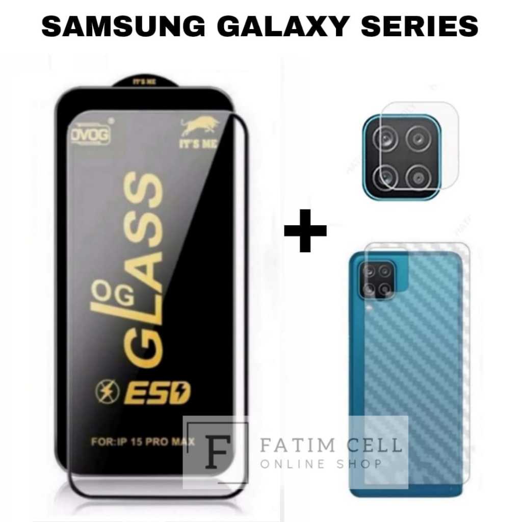 Paket 3in1 Samsung Galaxy A12 Tempered Glass Static + Anti Gores Camera + Skin Carbon 3D