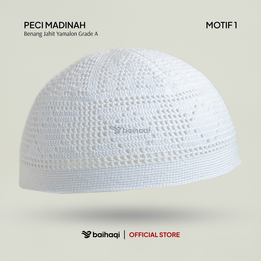 BAIHAQI - Peci Madinah Bahan Benang Jahit Yamalo Handmade | Peci Haji Putih | Peci Rajut Dewasa