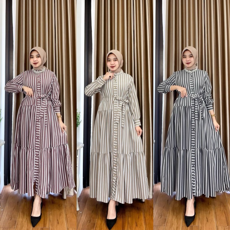 SHEEVA STRIPY MAXY / DRESS WANITA ELEGANT MOTIF GARIS SALUR VERTIKAL / GAMIS BUSUI