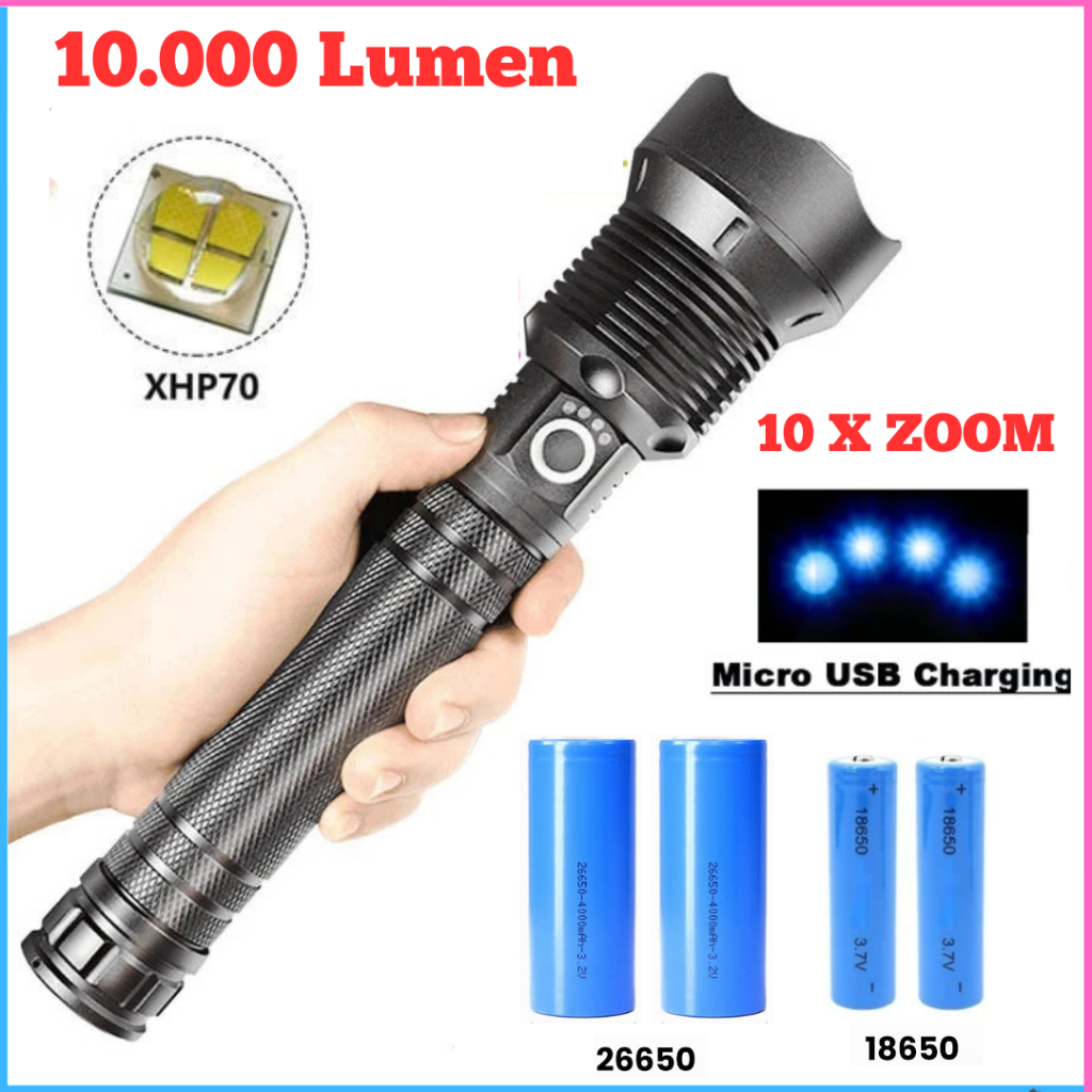 Terbaru 100% XHP70.2 Super Terang Senter LED Flashlight USB Rechargeable 10.000 Lumens Bisa Zoom 10X