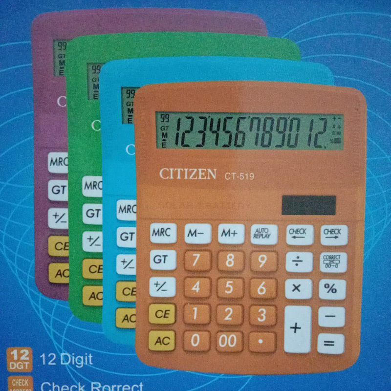 

kakulator meja dagang citizen CT-519 ready 3warna 12 digit 2 power 99 step replay