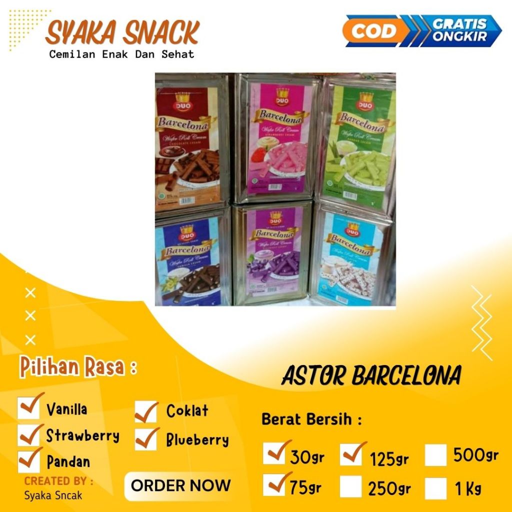 

Cemilan Astor Barcelona Wafer Roll Cream Varian Rasa - Kemasan Besar