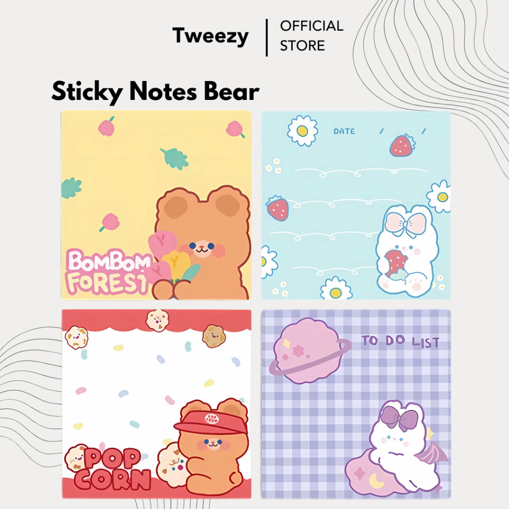 

Sticky Note / Memopad 3 In 1 Tempelan Kertas Catatan Isi 90 Lembar Karakter Cartoon Cute Bear And Rabbit Kawaii