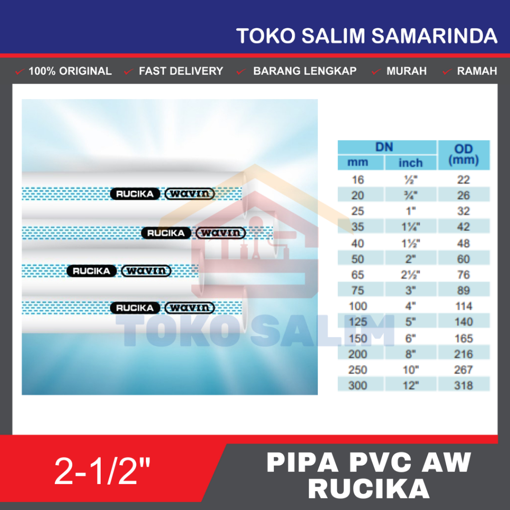 Pipa Rucika AW Biru 21/2 Inci  | Pipa PVC Paralon 2,5 AW inch ( POTONGAN 100CM / 1 METER )
