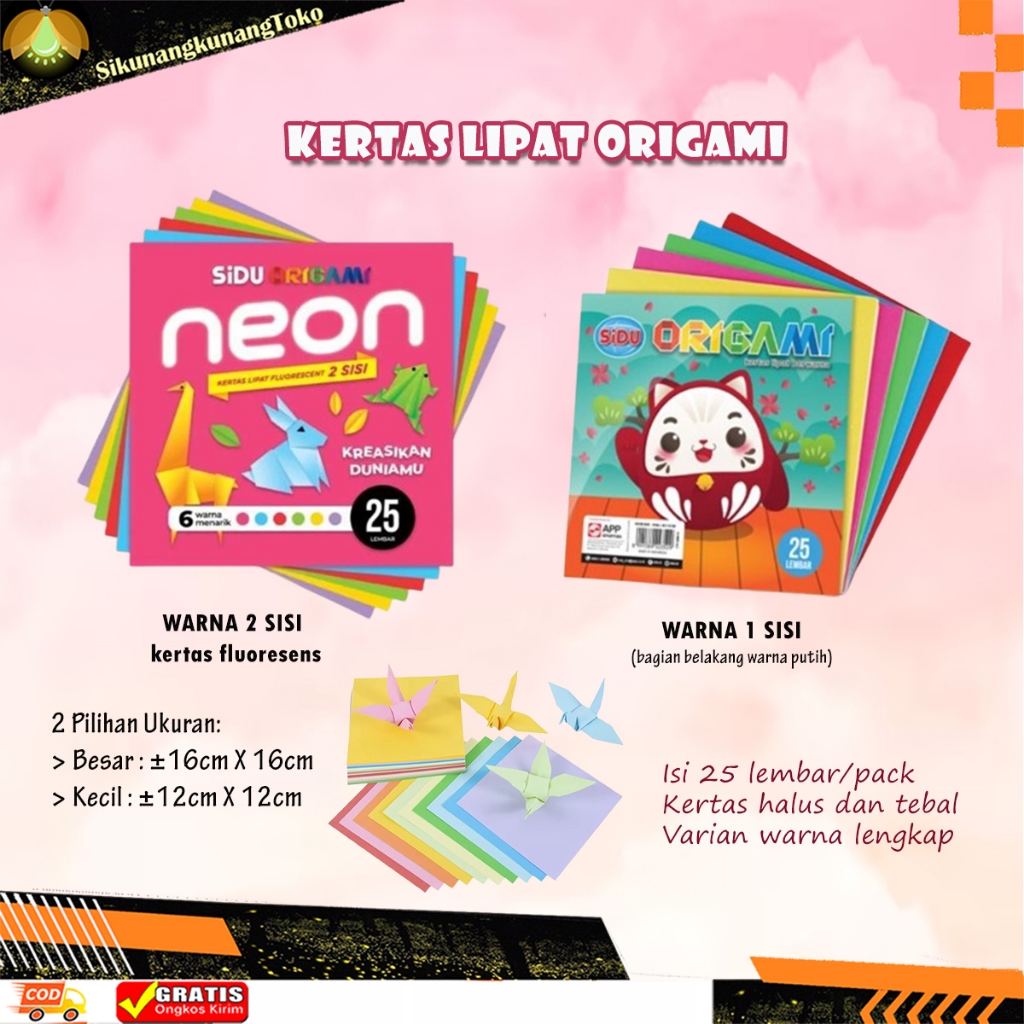 

(SKN) Sidu Kertas Origami Neon 12 16 Cm - Kertas Lipat Polos Warna Warni Isi 25 Lembar Fluorescent 1 & 2 Sisi Paper Besar Sedang Kecil