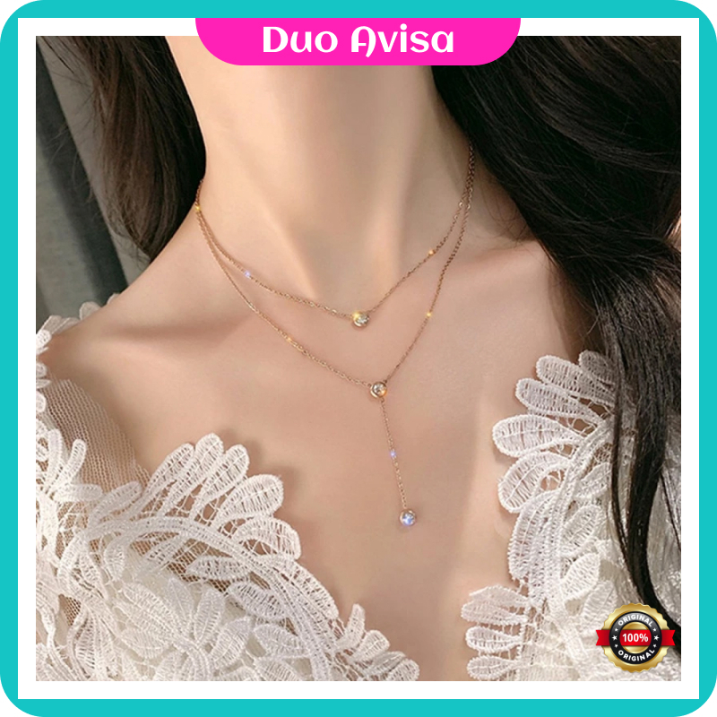 Kalung Perhiasan Emas Titanium Wanita 2 Layer 3 Permata