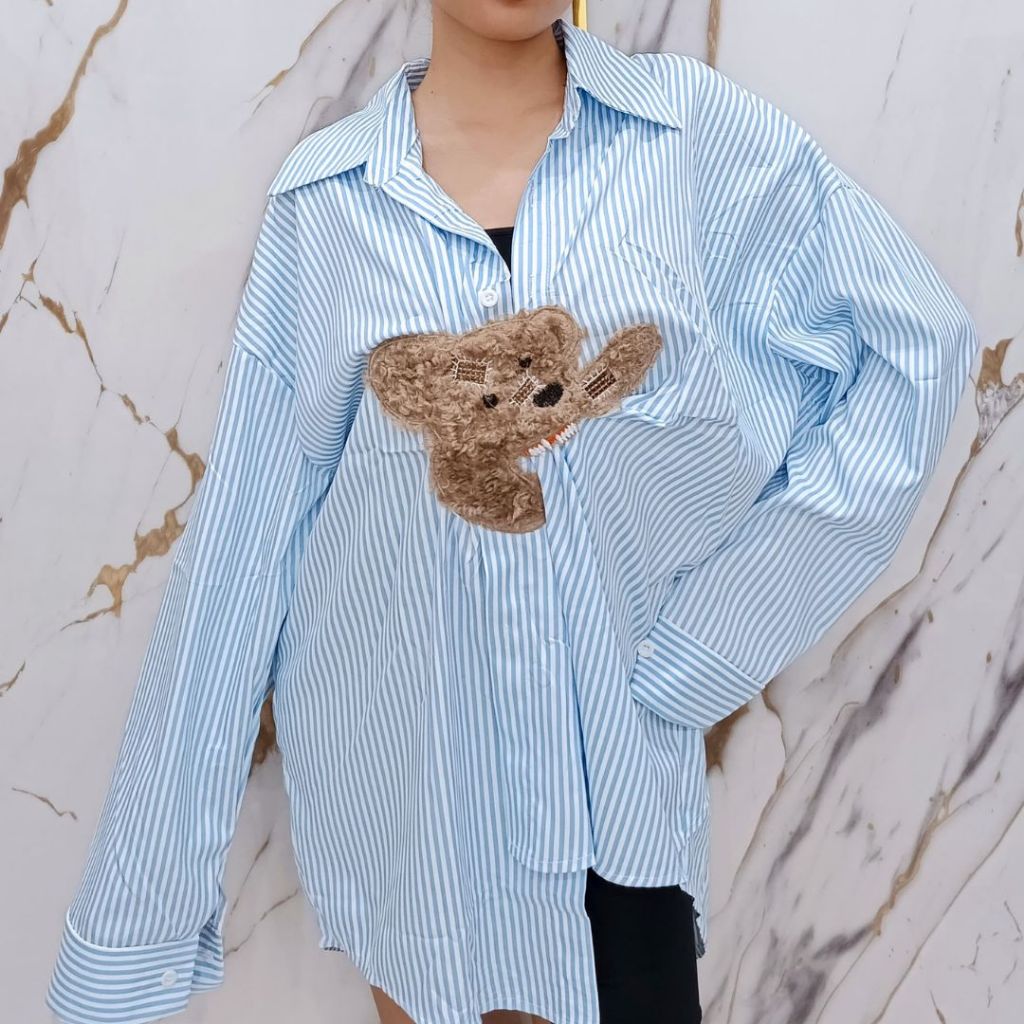 Kemeja Teddy Bear White Blue Stripes