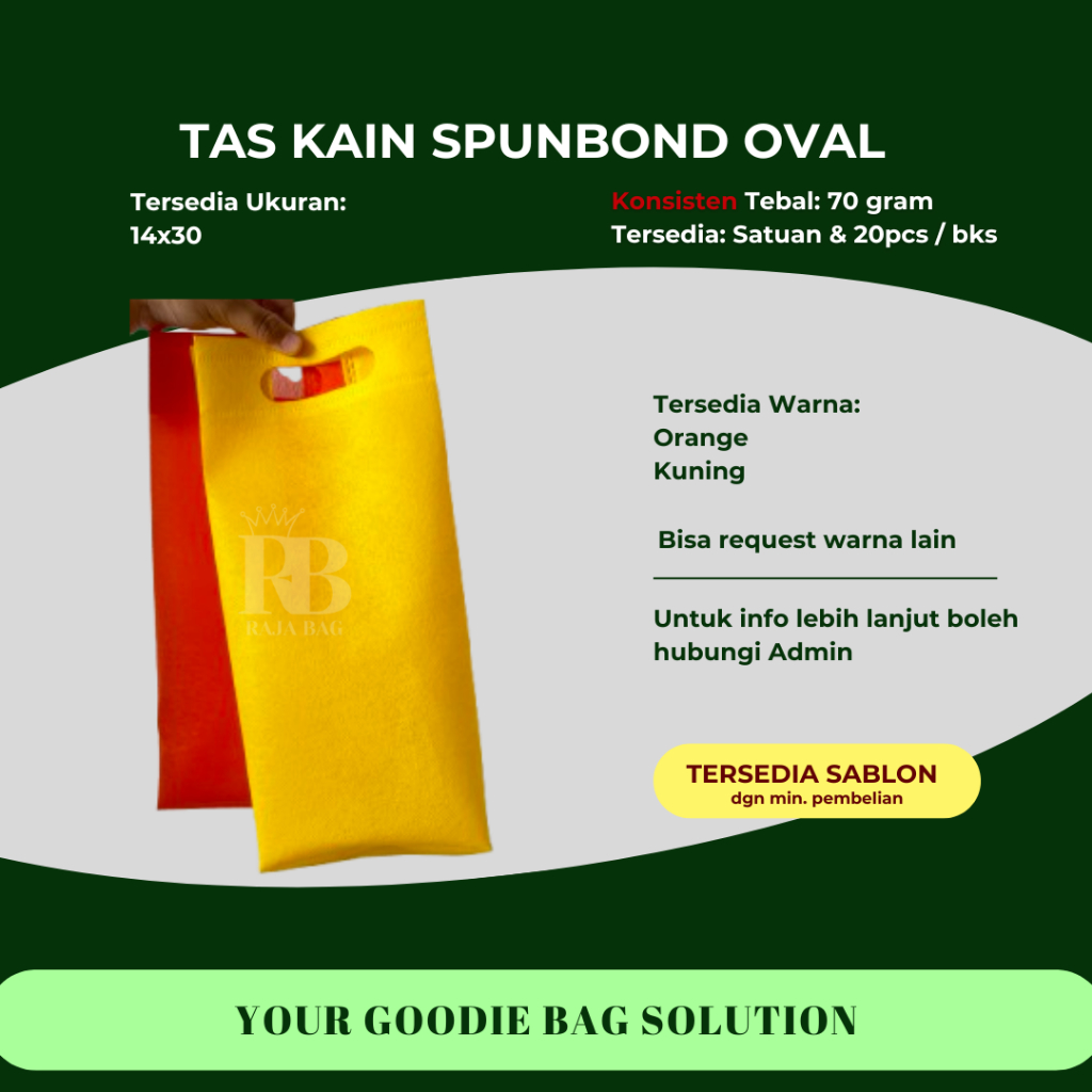 

Goodie Bag Tas Belanja Spunbond Model OVAL REAL 70GSM Ukuran 14x30 Kantong Kain Souvenir