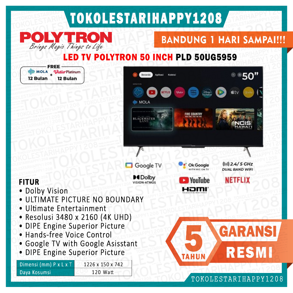 TV LED POLYTRON Smart Google TV 50 inch PLD 50UG5959 Garansi Resmi