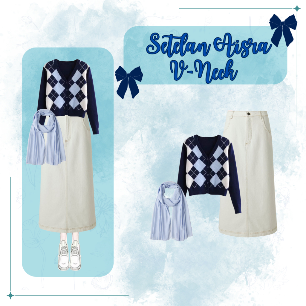 Setelan Aisra V-Neck ( Sweater+Rok+Pashmina ) Ootd Blue Cantik