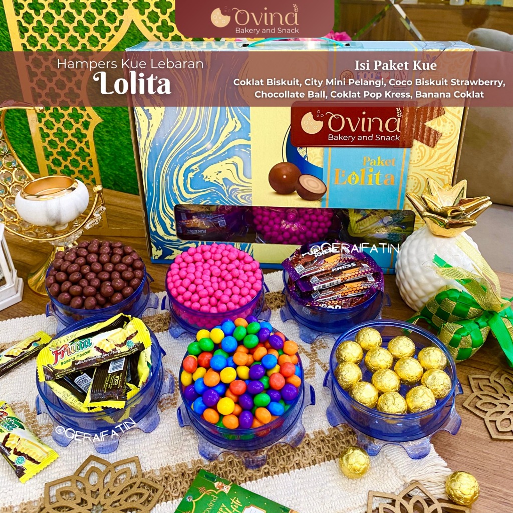 

Pake Hampers Kue Lebaran Ovina Lolita / Paket Coklat Ovina Lolita Isi 6 Toples