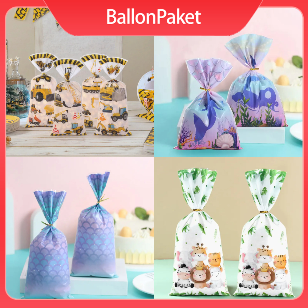 

10PCS Tas Hadiah Tas Barang Plastik Cat Air Dengan Pita Ulang Tahun Lucu Perlengkapan Ulang Tahun