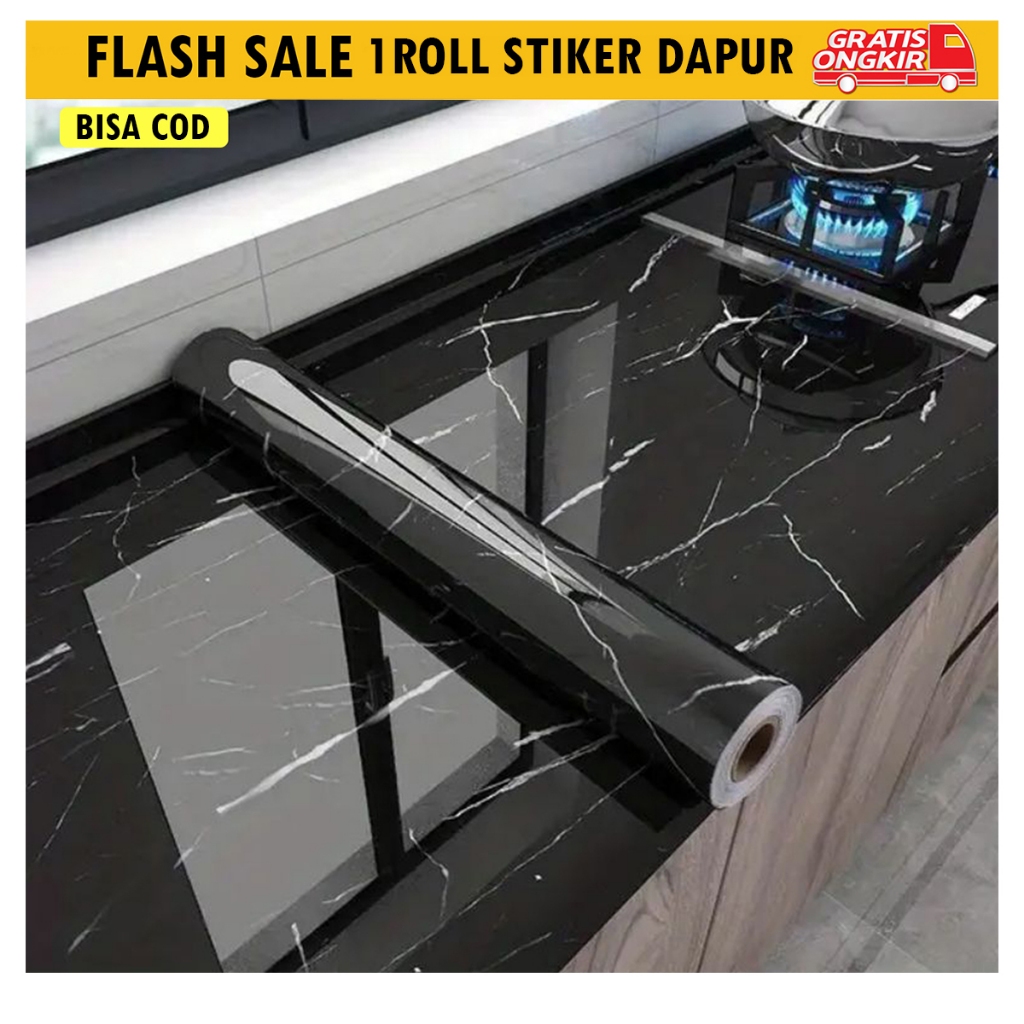 1 Roll Stiker Dapur Panjang 3Meter Motif Glossy Marmer Hitam Anti Minyak Air & Panas Marmer Sticker