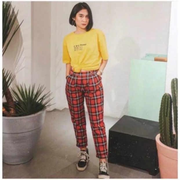 Oke Pr Celana Panjang Wanita Kotak Pants Tartan Casual Cewek Katun Merah